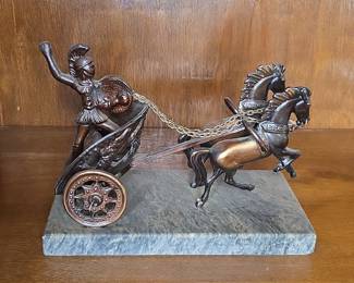 Bronze Chariot Sculpture with Warrior on Marble Base
