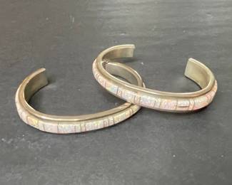 Sterling Silver and Opal Inlaid Cuff Bracelets by L.R.
