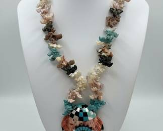 Zuni Kachina "Sun Face" Squash Blossom Necklace with Fetish Strand