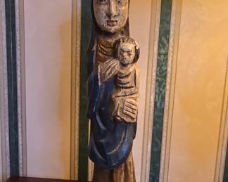 Carved Wooden Madonna and Child Figurine