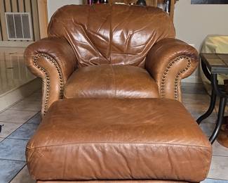 Brown Distressed Leather Club Chair and Ottoman with Nailhead Trim