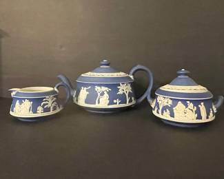 Wedgwood Jasperware Teapot, Sugar Bowl, and Creamer Set