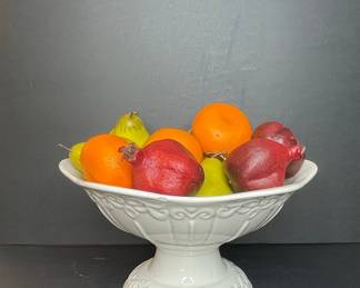 White Ceramic Pedestal Bowl & Faux Fruit