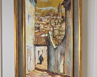 Spanish Cityscape Oil Painting signed M. Castro
