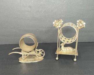 James W. Tufts Napkin Rings - Wheelbarrow and Dog Figural