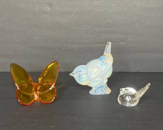 Baccarat Glass Butterfly and Opalescent Bird Figurines Signed