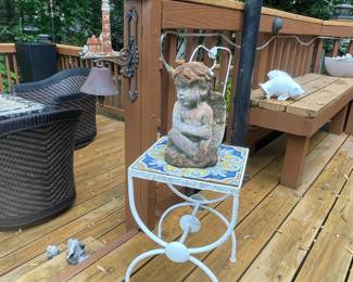 Terracotta Cherub Statue on Tiled Plant Stand