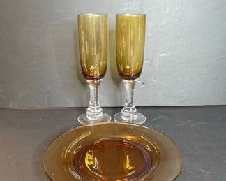 Amber Glass Fluted Champagne Glasses and Plate