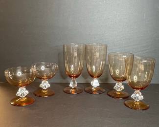 Cambridge Aurora Amber Glass Goblets with Faceted Crystal Stems