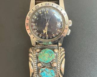 Glycine Airman "Mystery" Watch with Sterling Silver Turquoise Cuff Bracelet Signed Harrison Largo
