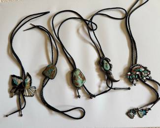 Sterling Silver Bolo Ties with Turquoise and Inlay Vtg
