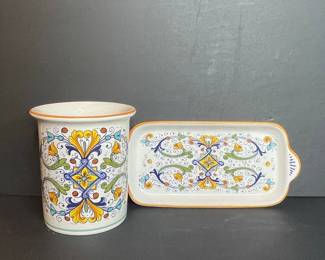 Nova Deruta Hand-Painted Ceramic Canister and Tray