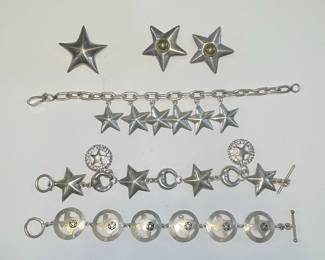 Sterling Silver Star Bracelets, Earrings & Brooch Vtg 