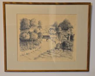 Pencil Drawing of Rural Landscape Signed 