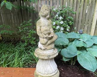 Vintage Cast Stone Cherub Garden Statue on Pedestal