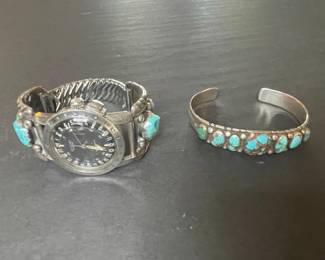 Vintage Sterling Silver Turquoise Watch & Cuff Bracelet