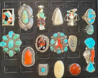 Huge Collection of Native American Sterling Silver and Turquoise Rings 