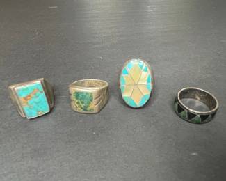 Men’s Vtg Native American Sterling Silver Rings with Turquoise and Mother of Pearl