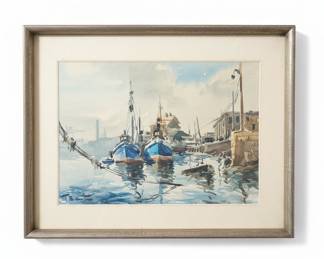 Watercolor Seascape with Boats by James Sessions