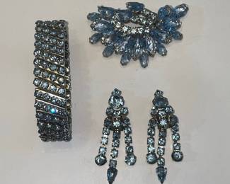 Blue Rhinestone Brooch, Bracelet, and Dangle Earrings Vintage