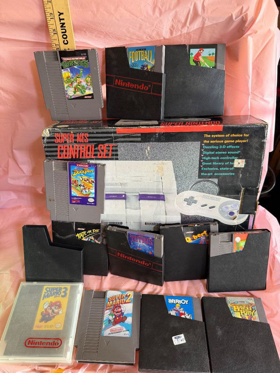 Empty Super SNES Box, NES Console, Accessories and Games (see next 8 photos)