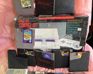 Empty Super SNES Box, NES Console, Accessories and Games (see next 8 photos)