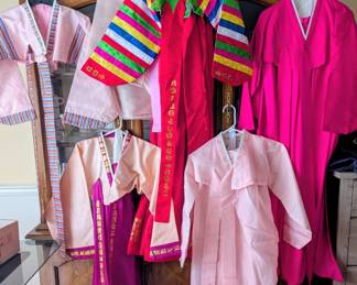 Hanboks for girls and women. Other Korean items including books and linens