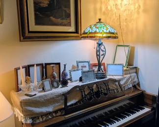 Art, decor, piano and lamps - including Tiffany style, and a Capiz Shell chandelier
