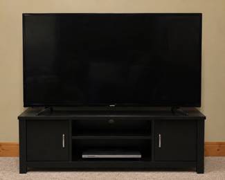 Tv, stand, sound bar and DVD player
