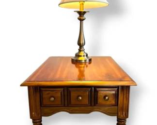Country Wooden End Table And Lamp