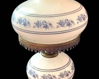 Blue Floral Milk Glass Hurricane Table Lamp w Brass Accents
