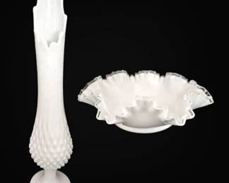 Fenton Hobnail 15 Swung Vase  Silver Crest Milk Glass Ruffled Bowl