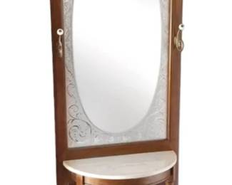 Wooden Hall Tree Coat Rack w Etched Mirror  Half Moon Marble Top