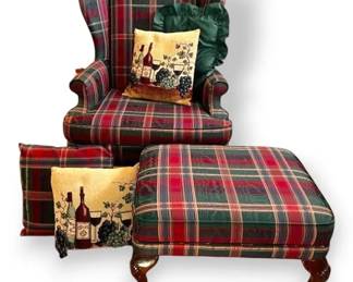 Plaid Wingback Armchair With Footstool  Pillows
