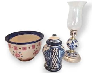 Hand Painted Italian Planter, Blue  White Ginger Jar, and Candleholder