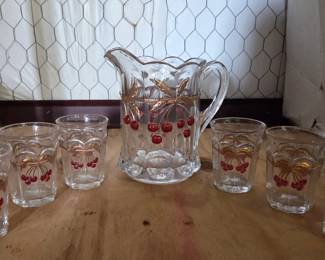 Vintage Mosser Red Cherry Pitcher & Glasses
