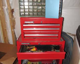 Tool box, assorted hardware and tools