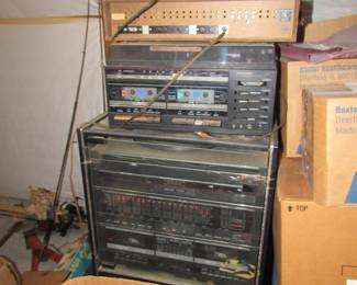vintage stereo equipment, 8 tracks and assorted LPs