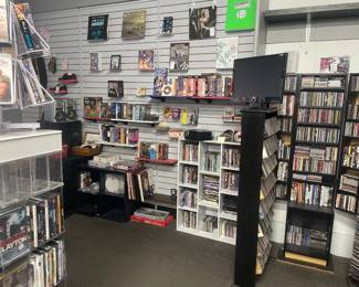 DVDs, CDs, blu ray, VHS, electronics, vinyl