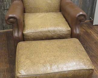 Tooled leather chair and ottoman