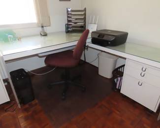 L-shaped desk, printer and shredder.