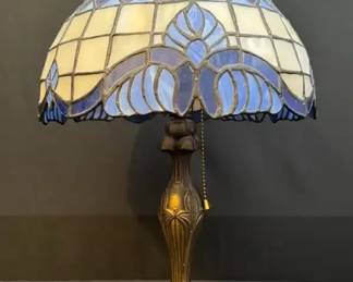 Meyda Tiffany Blue Baroque Accent Table Style Lamp Featuring A Stained Glass Shade