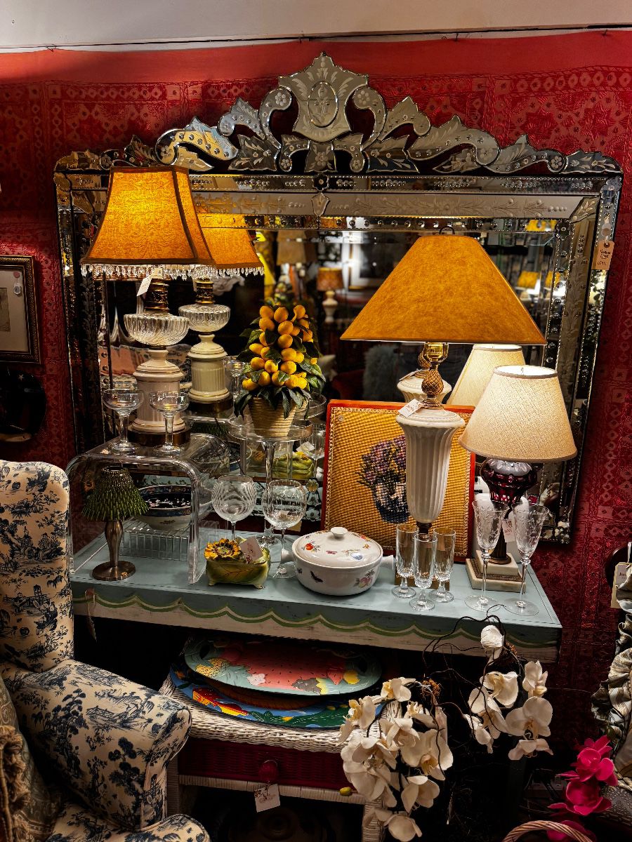 Vintage lamps, Venetian mirror, Bali carved platers, ceramics 