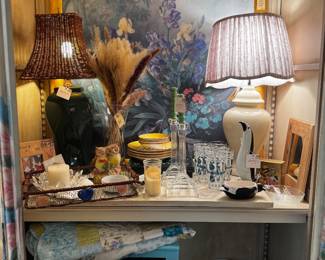 Vintage art, side table, vintage plates, bowls, glassware 