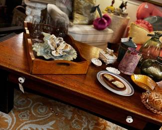 Vintage pine coffee table from Denmark, vintage wooden tray, vintage ceramics, pottery 