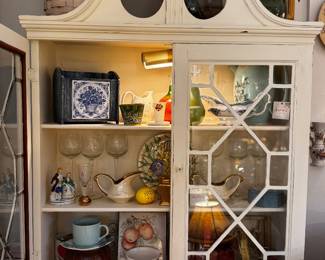 Vintage hutch, plates, vintage glassware 
