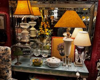 Vintage lamps, Venetian mirror, Bali carved platers, ceramics 