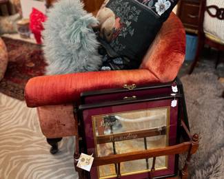 Antique velvet chair, vintage magazine holder, Mongolian fur pillows, vintage XL  tapestry cat pillow  