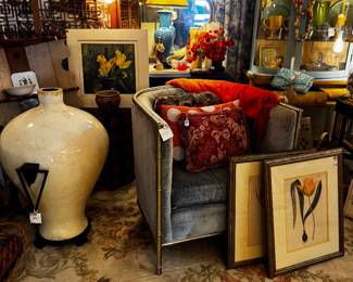 Vintage floral art, custom Bernhardt velvet chair, vintage pillows, vintage lamps, vintage jug