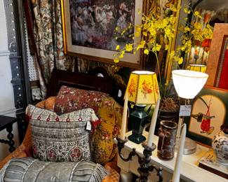 Vintage side chair, vintage pillows, vintage art
